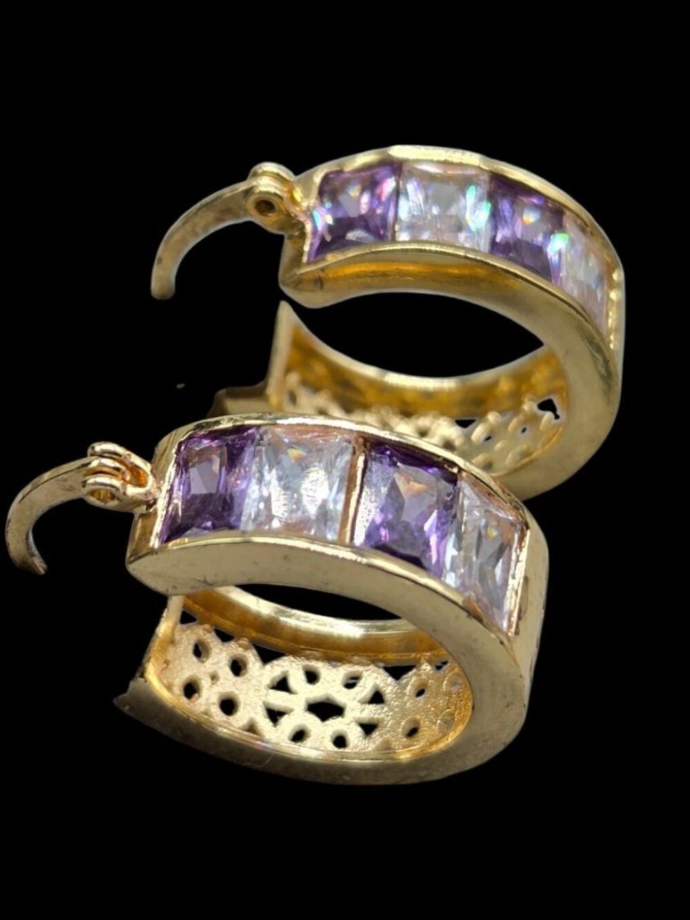 Cubic Zirconia & Amethyst Huggie Hoop Earrings Alternate Chanel Set Gold Tone